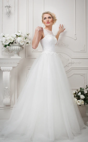 Appliqued Tulle Ball Gown Wedding Dress Sleeveless Jewel-Neck Floor-Length Bridal Gown