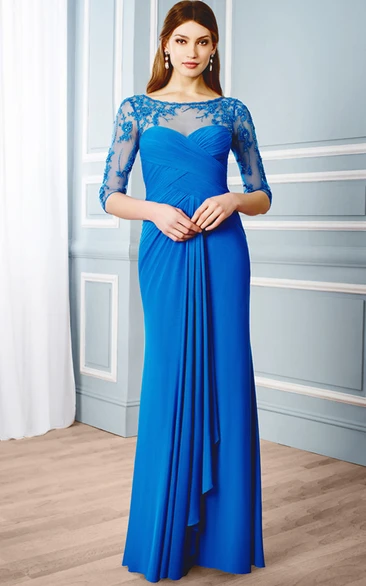 Scoop-Neck Criss-Cross Formal Dress with Appliques and Draping Floor-Length Formal Dress