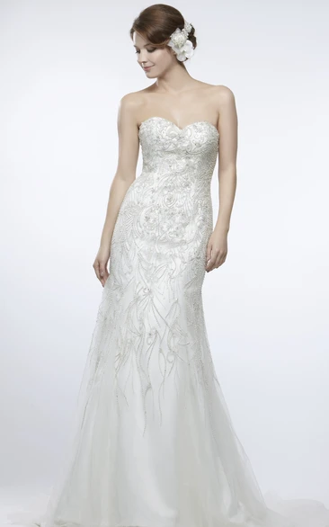 Tulle Sweetheart Sheath Wedding Dress with Beading and Brush Train