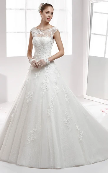 A-Line Wedding Dress with Jewel Neck Cap Sleeves and Backless Design