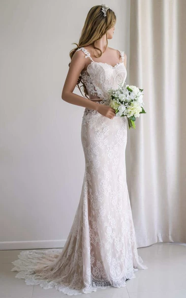 Backless Satin Lace Wedding Dress Illusion Sleeves