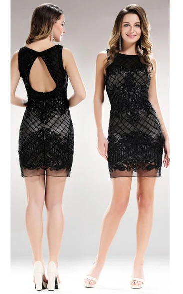 Appliqued Short Sheath Dress with Bateau Neckline