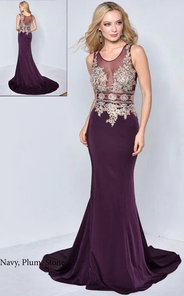 Beaded Sheath Formal Dress with Illusion V-Neck and Court Train