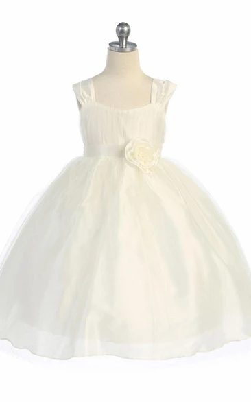 Tiered Tulle Flower Girl Dress with Straps Tea-Length