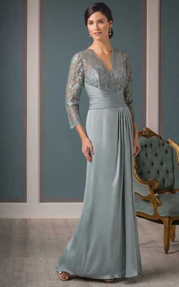 Pleated V-Back Long Mother Of The Bride Dress with 3-4 Sleeves