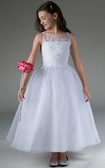 Embroidered Ankle Length Organza Flower Girl Dress with Square Neck