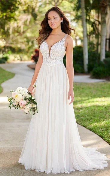 Simple Classic Tulle Applique Bridal Dress Garden A-Line Backless Spaghetti Wedding Gown