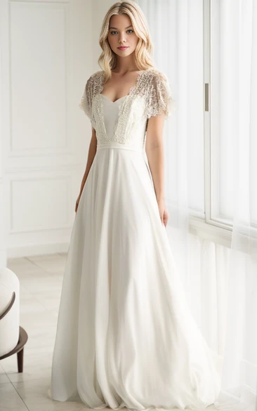 Simple Casual Long Lace Chiffon Wedding Dress with Modest Short Sleeves Ethereal Stunning Sweetheart Tied Back Gown