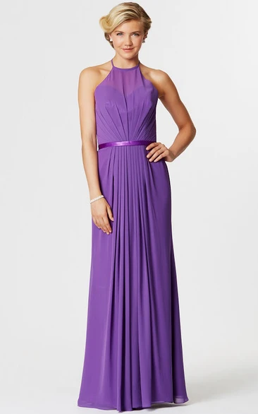 High Neck Sleeveless Chiffon Bridesmaid Dress with Ribbon and Ruching Knee-Length