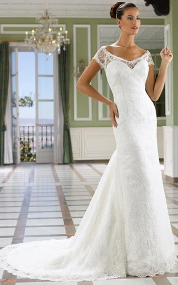 Short-Sleeve Illusion Lace Wedding Dress with V-Neck Sheath