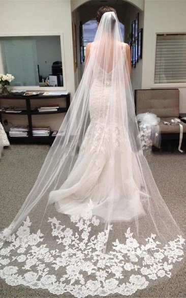 Long Tulle Bridal Veil with Lace Appliques Retro Wedding Dress Accessory