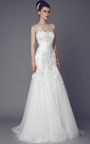 Illusion Bateau Neckline Wedding Dress with Court Train and Long Tulle Appliques Timeless Bridal Gown