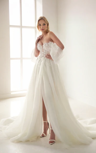 Sexy Elegant A-Line Floral Off-the-shoulder Strapless Wedding Dress Romantic Ethereal Sleeveless Floor-length Split Front Open Back Bridal Gown with Train