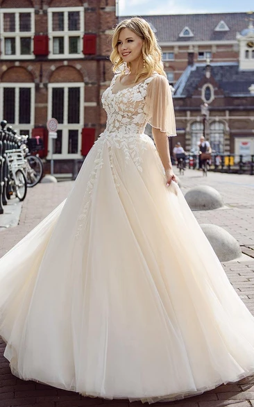 Beautiful Lace Tulle Ball Gown Wedding Dress with V-Neckline and Court Train