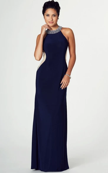 Sleeveless Beaded Scoop Chiffon Prom Dress with Illusion Back and Split Front in Sheath Style