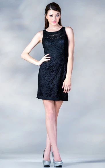 Lace Illusion Sheath Formal Dress with Scoop Neck and Split Back