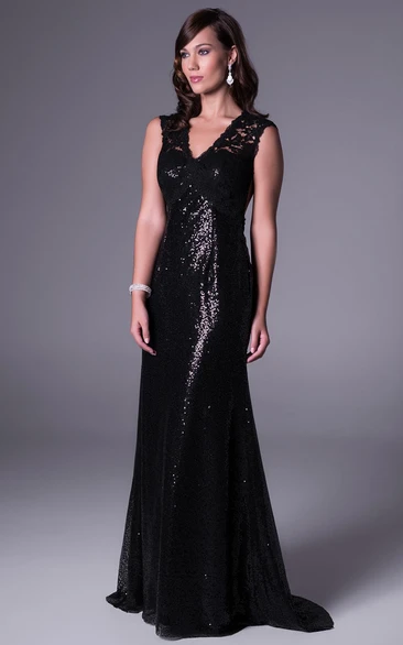 Sleeveless Lace Sheath Prom Dress with Sequins Floor-Length V-Neck Style