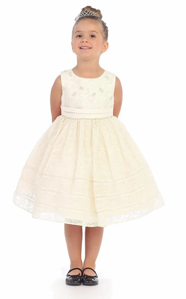 Lace Tiered Flower Girl Dress with Ribbon Tea-Length