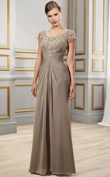 Short-Sleeve Sheath Formal Dress with Illusion Back and Appliques Floor-Length Bridesmaid Dress