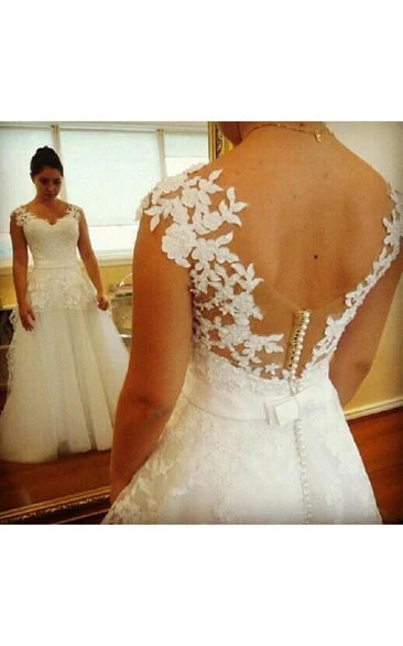 Cap Sleeve A-line Lace Wedding Dress with V-neck and Low Back