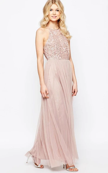 Sequined Tulle High Neck Bridesmaid Dress Sleeveless Floor-Length Sheath