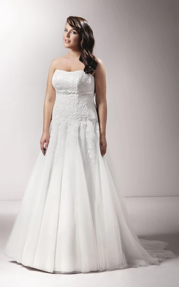 Lace Tulle A-Line Wedding Dress with Strapless Design and Pleats