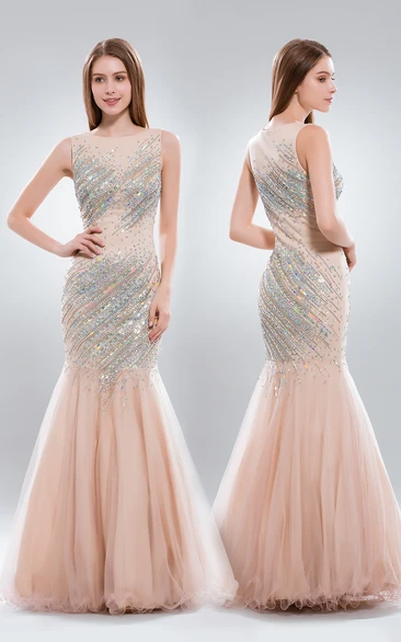 Long Tulle Mermaid Dress with Beading and Ruffles Classy Prom Dress