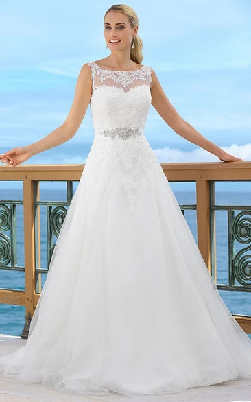 Jeweled Tulle Floor-Length Wedding Dress with Bateau Neckline