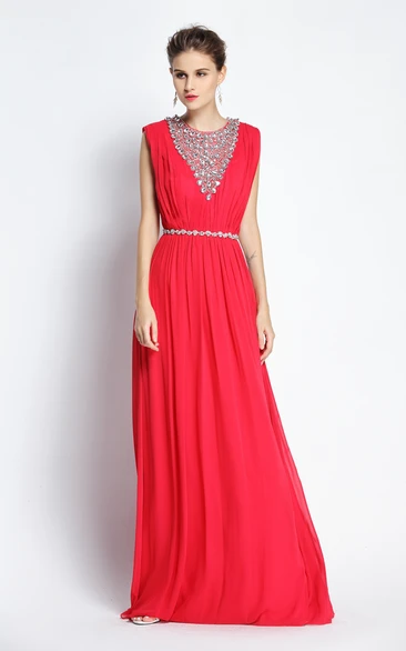 Sleeveless A-Line Chiffon Prom Dress with Beading and Ruching Floor-length