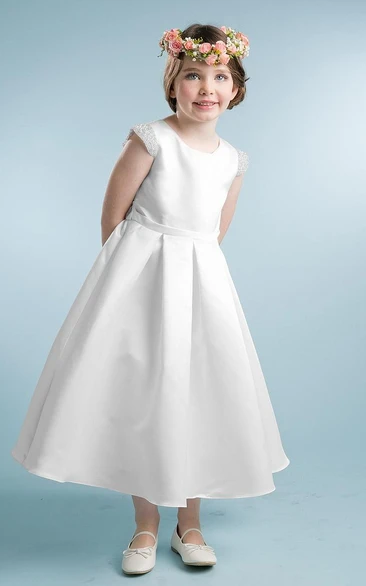 Pleated Cap-Sleeve Satin Tea-Length Flower Girl Dress with Elegant Design