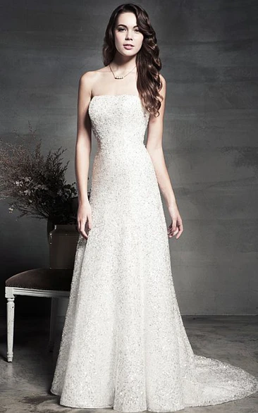 A-Line Sequin Strapless Sleeveless Wedding Dress Long and Elegant