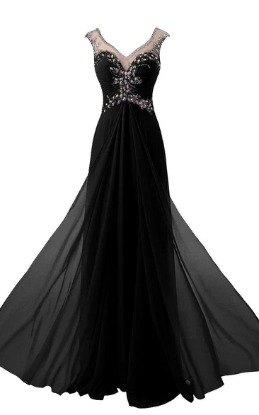 Long Beaded Illusion Prom Dress with Cap Sleeves Elegant