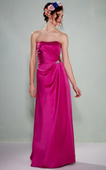 Strapless Satin Floor-Length Bridesmaid Dress With Ruched Waist and Jewellery Modern Dress