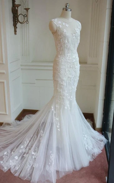 Lace Mermaid Floor-Length Wedding Dress with Bell Sleeves