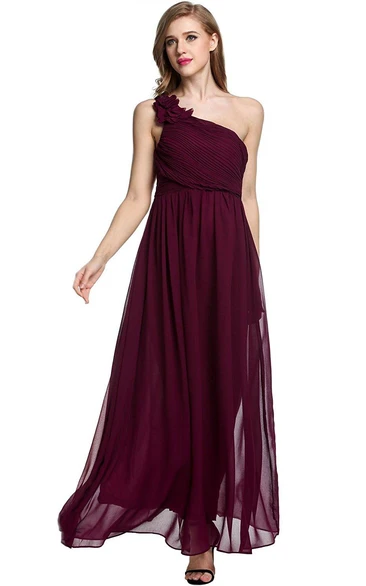 Red Floral Empire Chiffon Bridesmaid Dress with Single Strap