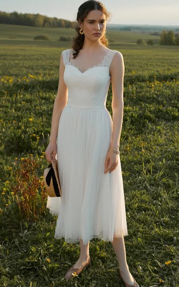 Vintage Lace Sleeveless A Line Wedding Dress with Tea-length and Queen Anne Neckline Classic Wedding Dress