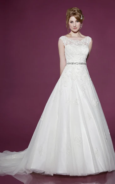 Cap-Sleeve Lace and Tulle Bateau Wedding Dress