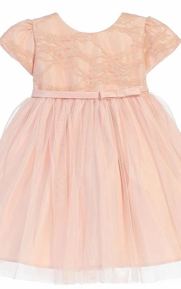 Lace and Satin Tea-Length Flower Girl Dress with Bow