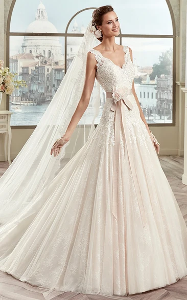 Lace V-Neck Wedding Dress with Floral Sash and Open Back Elegant Bridal Gown