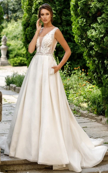 A Line Organza Wedding Dress with Plunging Neckline and Pockets Ethereal Wedding Dress