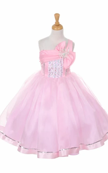 Tiered Sequin Organza Flower Girl Dress with Broach Tea-Length