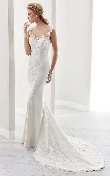 Low-V Back Sheath Wedding Dress with Illusion Cap Sleeves and Delicate Details