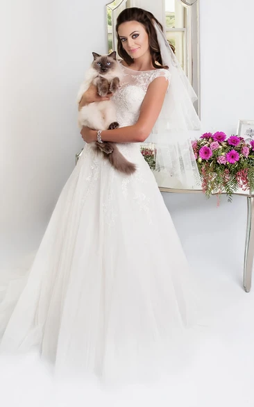 Tulle A-Line Wedding Dress with Court Train and Illusion Back Sleeveless Floor-Length Scoop Neck