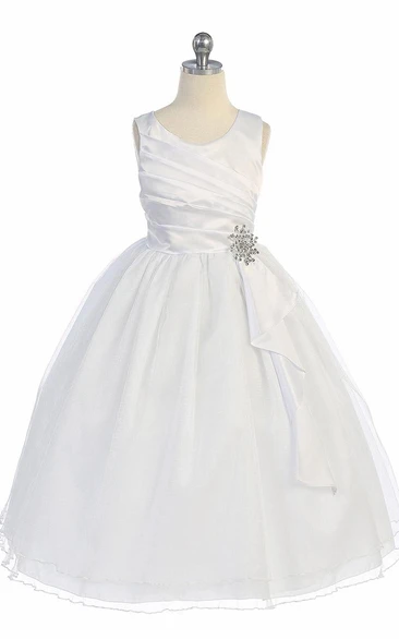 Pleated Satin Tea-Length Flower Girl Dress Classy Prom Dress with Ruffles
