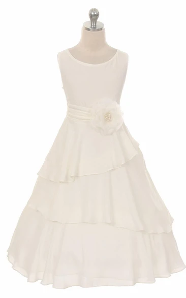 Ruched Chiffon Tea-Length Flower Girl Dress with Floral Print and Sash