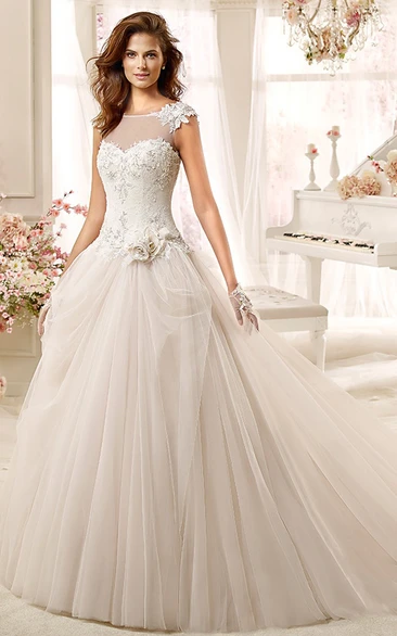 Beaded A-line Wedding Dress with Floral Bodice Jewel Neckline & Low Back
