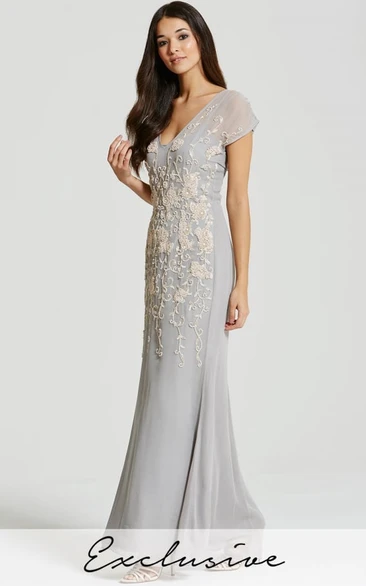 Sheath Chiffon Bridesmaid Dress with Beaded Cap Sleeves and V-Neck