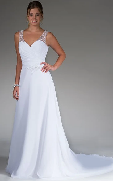 V-neck A-line Wedding Dress with Pearl Straps and Illusion Back