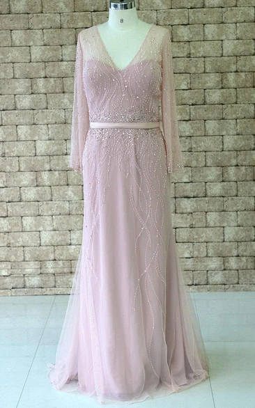 Chiffon&Tulle V-neck Bridesmaid Dress with Beading