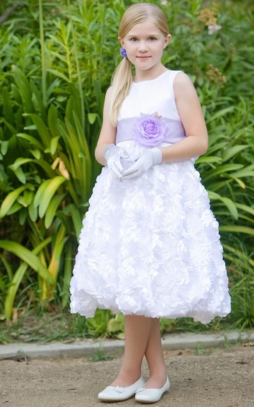 Satin Tiered Tea-Length Flower Girl Dress with Floral Accents